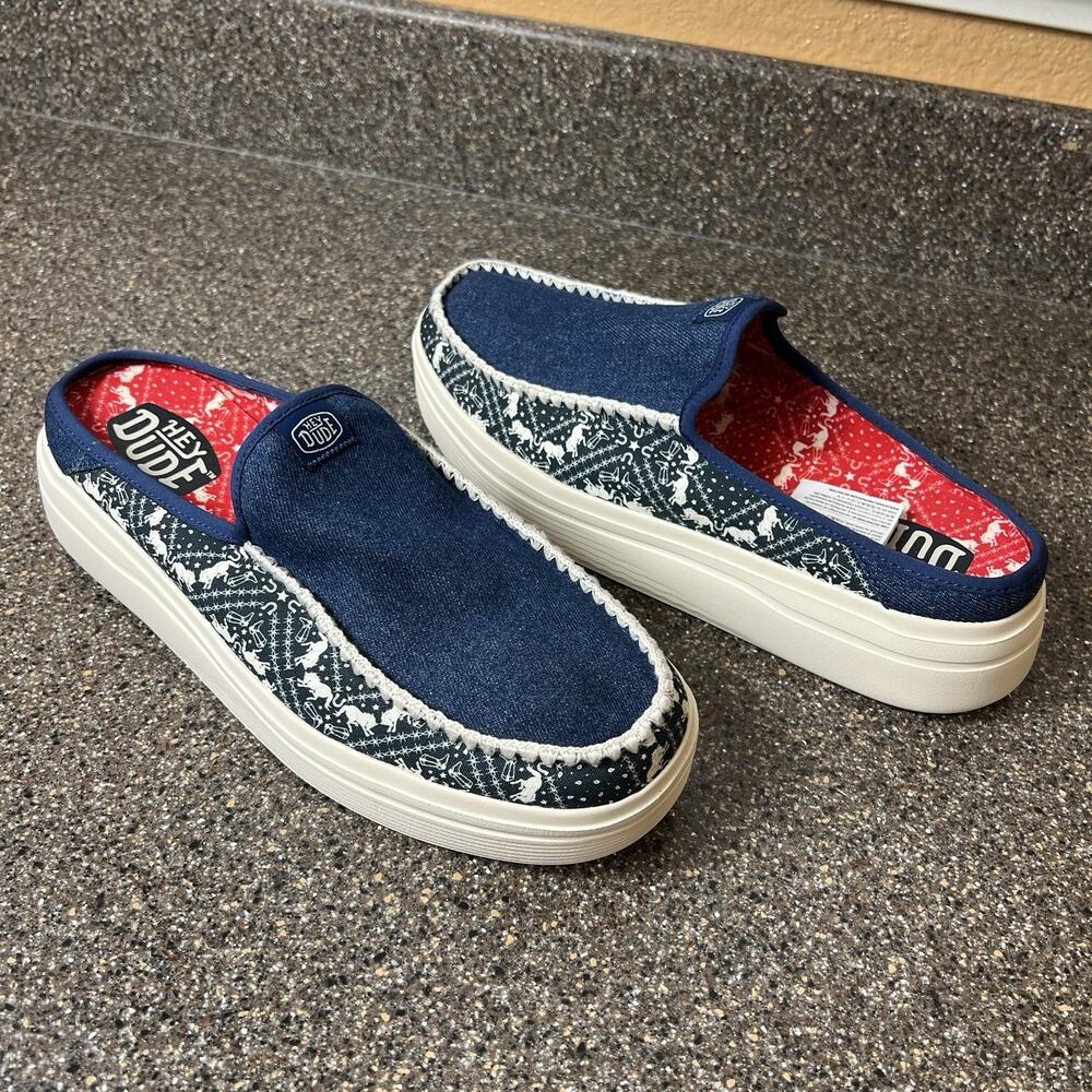 Hey Dude Blue Canvas Mule Shoes Womens Sz 11 Slip On Platform Comfort Casual New